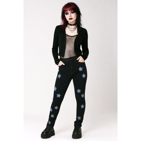 NWT  Hot Topic Black Social Collision Star Patch Jeans Pants   Women's Size 28 - Picture 1 of 10